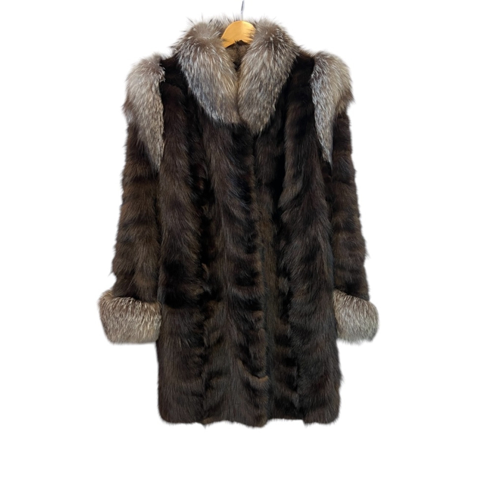 VINTAGE Mink Fur Brown Grey Trim Mid Length Heavy Coat Jacket L